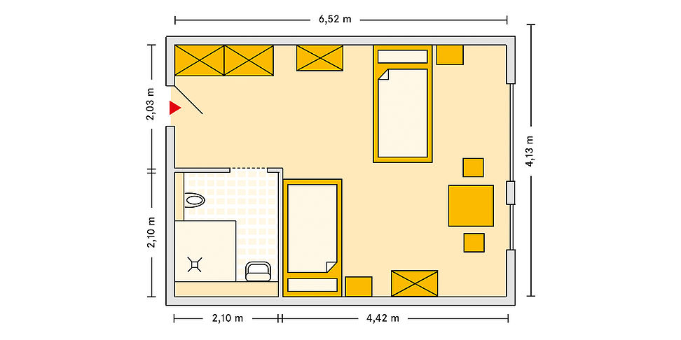 Pflegeheim Stralendorf mit Beispielgrundriss Doppelzimmer.