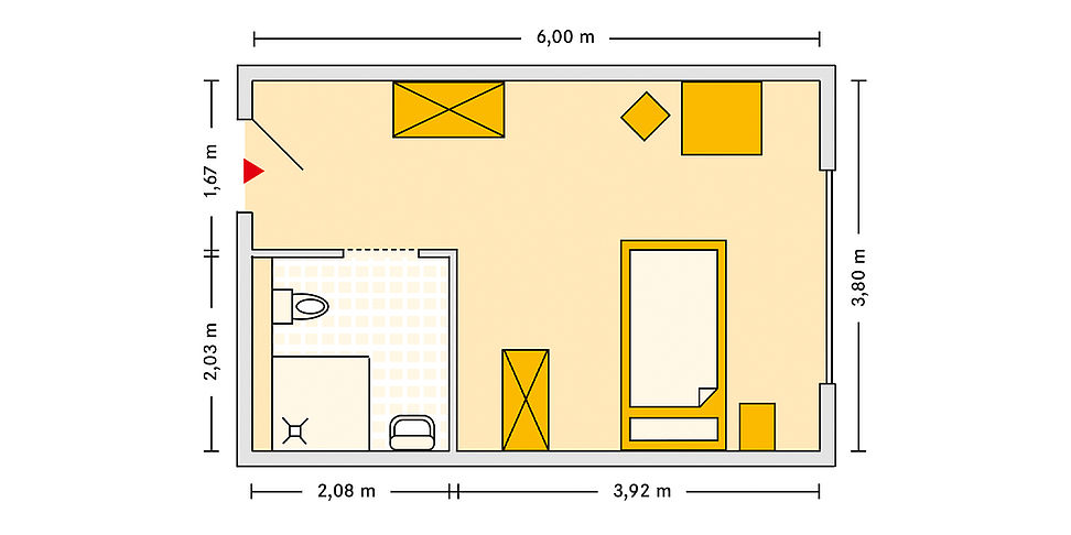 Pflegeheim Guben mit Beispielgrundriss Einzelzimmer.