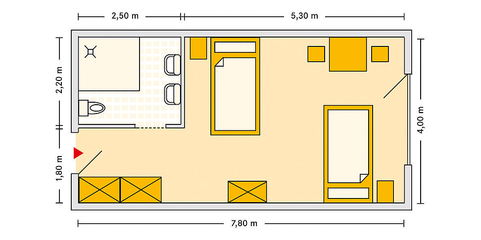 Pflegeheim Seelze mit Beispielgrundriss Doppelzimmer.