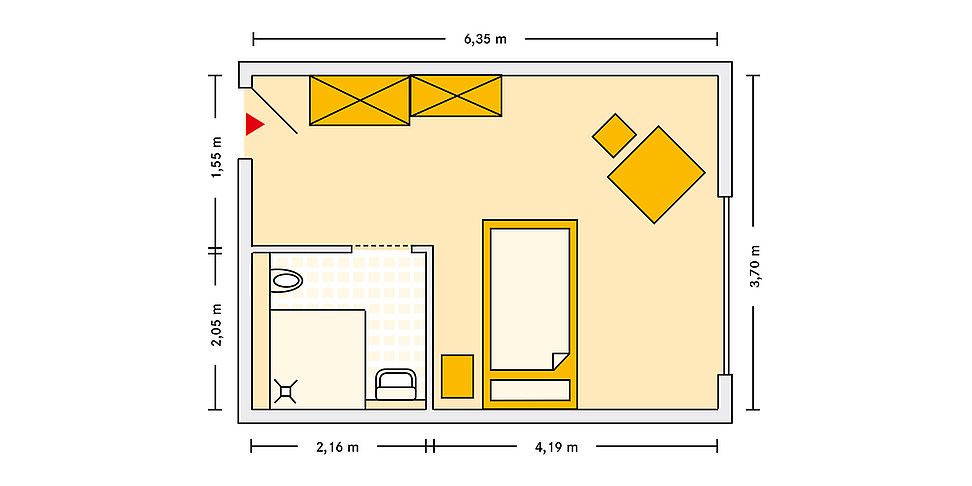 Pflegeheim Kuerten mit Beispielgrundriss Einzelzimmer.