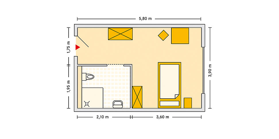 Pflegeheim Aalen mit Beispielgrundriss Einzelzimmer.